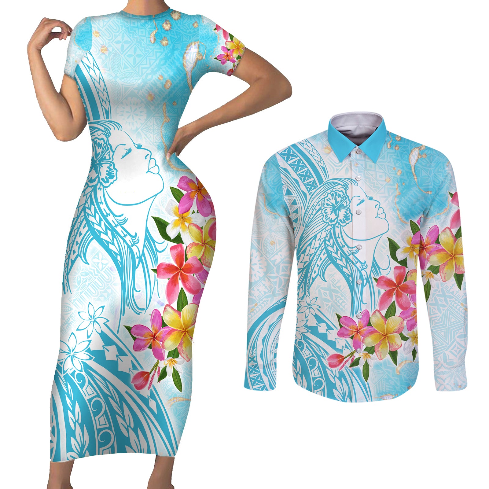 Polynesian Women's Day Wahine Couples Matching Short Sleeve Bodycon Dress and Long Sleeve Button Shirt Plumeria Marble Glaze - Turquoise LT7 Turquoise - Polynesian Pride