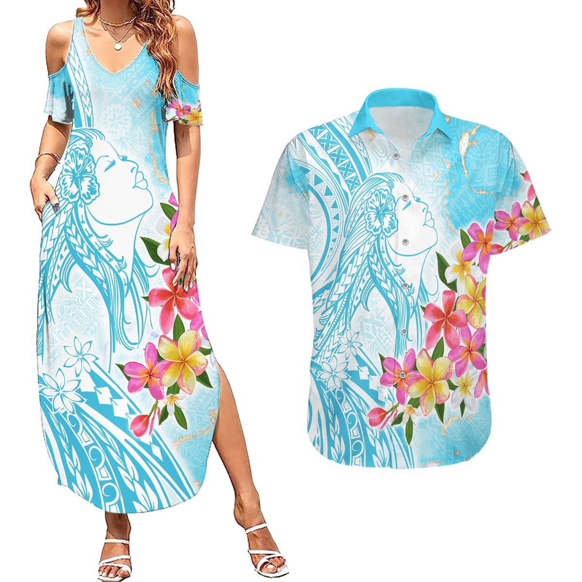 Polynesian Women's Day Wahine Couples Matching Summer Maxi Dress and Hawaiian Shirt Plumeria Marble Glaze - Turquoise LT7 Turquoise - Polynesian Pride