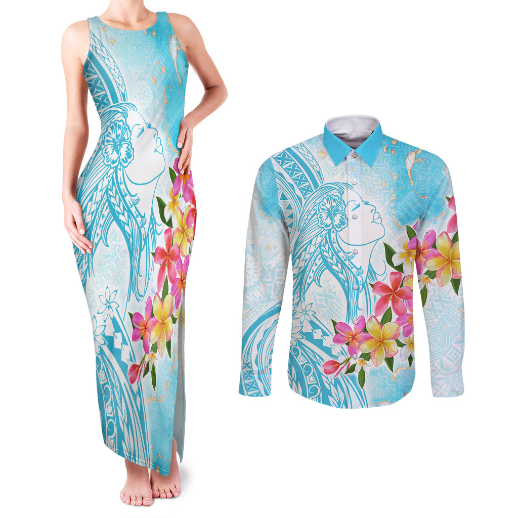 Polynesian Women's Day Wahine Couples Matching Tank Maxi Dress and Long Sleeve Button Shirt Plumeria Marble Glaze - Turquoise LT7 Turquoise - Polynesian Pride