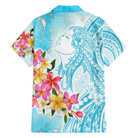 Polynesian Women's Day Wahine Family Matching Off Shoulder Long Sleeve Dress and Hawaiian Shirt Plumeria Marble Glaze - Turquoise LT7 - Polynesian Pride