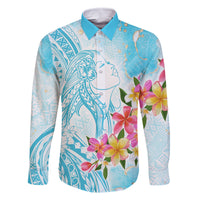 Polynesian Women's Day Wahine Family Matching Off Shoulder Long Sleeve Dress and Hawaiian Shirt Plumeria Marble Glaze - Turquoise LT7 Dad's Shirt - Long Sleeve Turquoise - Polynesian Pride