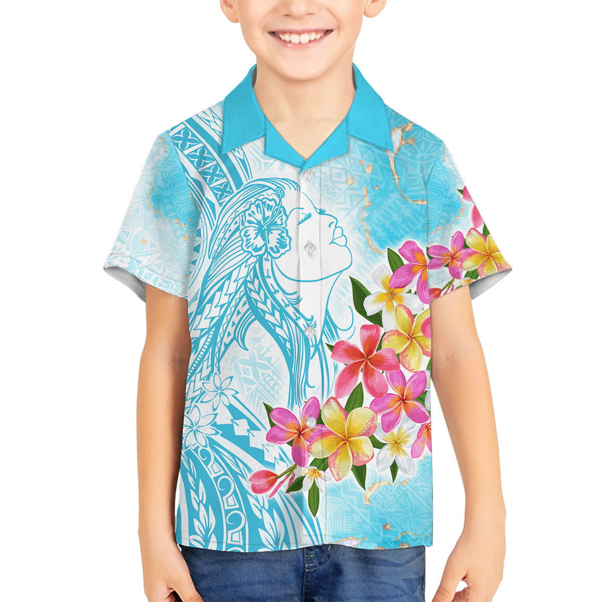 Polynesian Women's Day Wahine Family Matching Off Shoulder Long Sleeve Dress and Hawaiian Shirt Plumeria Marble Glaze - Turquoise LT7 Son's Shirt Turquoise - Polynesian Pride