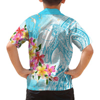 Polynesian Women's Day Wahine Family Matching Off Shoulder Maxi Dress and Hawaiian Shirt Plumeria Marble Glaze - Turquoise LT7 - Polynesian Pride