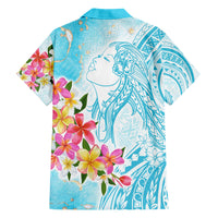 Polynesian Women's Day Wahine Family Matching Short Sleeve Bodycon Dress and Hawaiian Shirt Plumeria Marble Glaze - Turquoise LT7 - Polynesian Pride