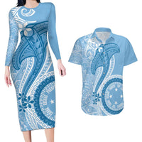 Micronesia FSM Couples Matching Long Sleeve Bodycon Dress and Hawaiian Shirt Shark and Manta Classic Style LT7 Turquoise - Polynesian Pride