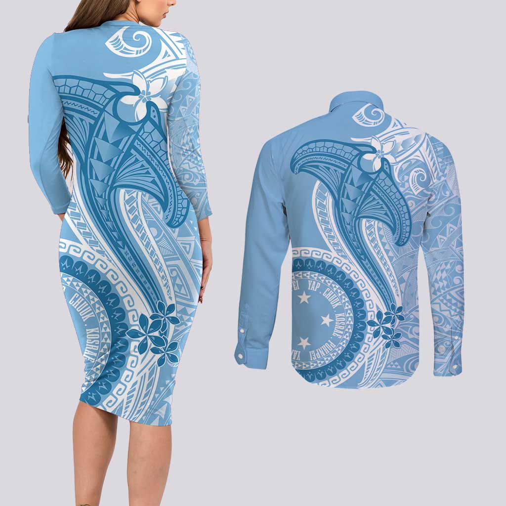 Micronesia FSM Couples Matching Long Sleeve Bodycon Dress and Long Sleeve Button Shirt Shark and Manta Classic Style LT7 - Polynesian Pride