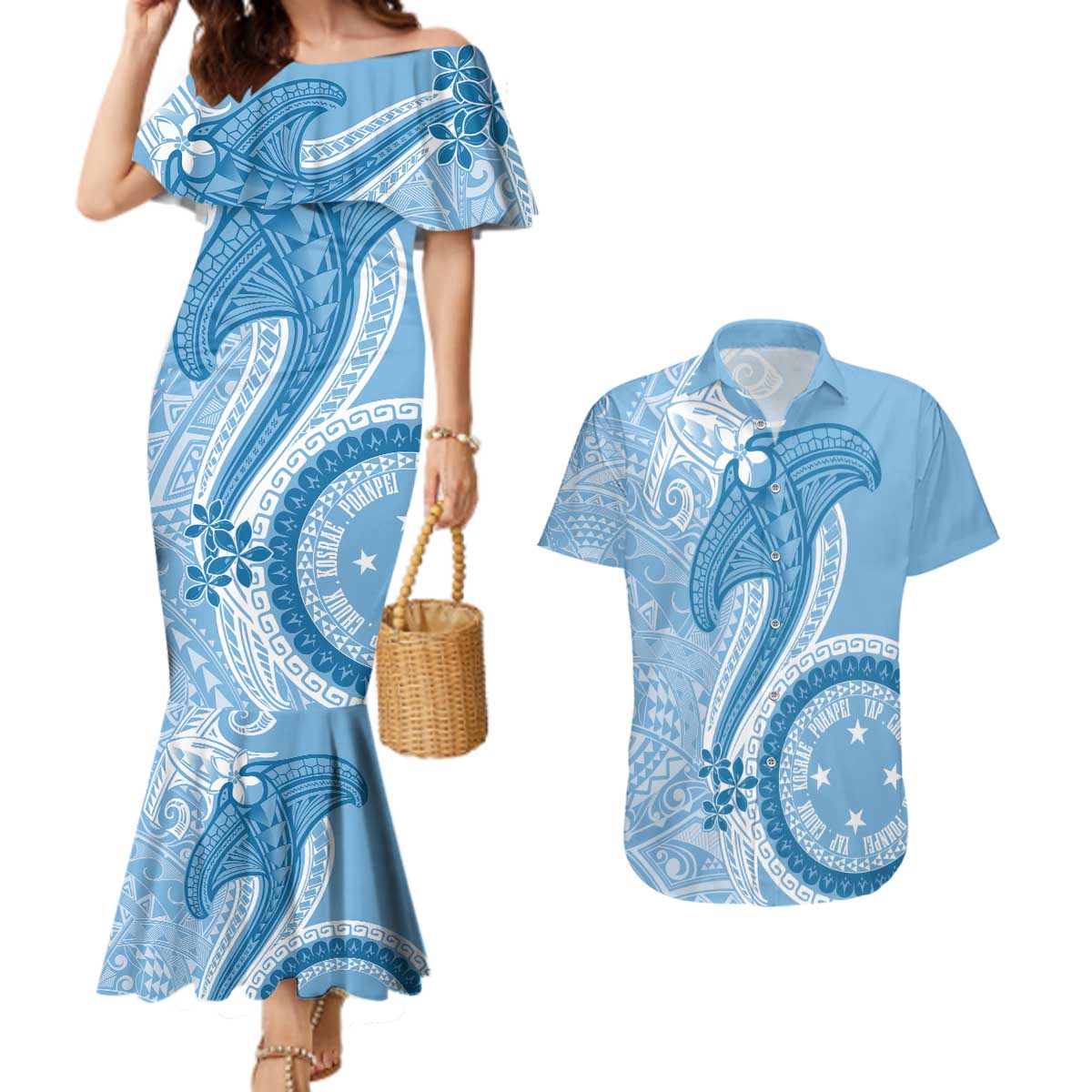 Micronesia FSM Couples Matching Mermaid Dress and Hawaiian Shirt Shark and Manta Classic Style LT7 Turquoise - Polynesian Pride