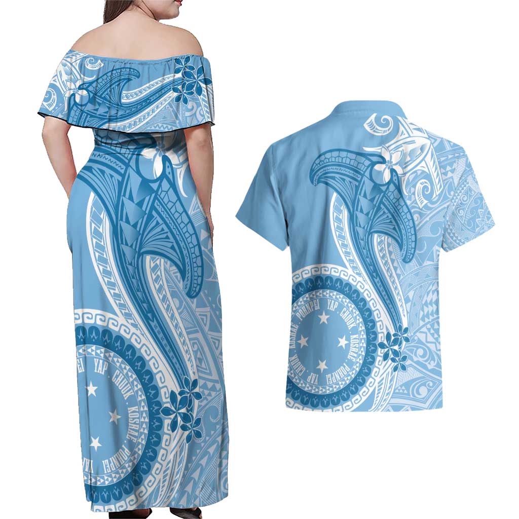 Micronesia FSM Couples Matching Off Shoulder Maxi Dress and Hawaiian Shirt Shark and Manta Classic Style LT7 - Polynesian Pride