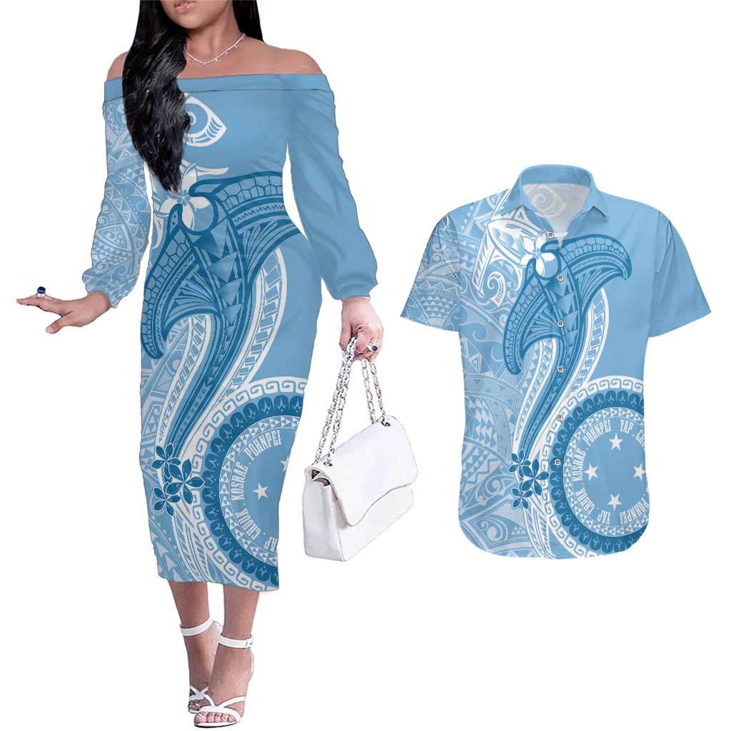 Micronesia FSM Couples Matching Off The Shoulder Long Sleeve Dress and Hawaiian Shirt Shark and Manta Classic Style LT7 Turquoise - Polynesian Pride