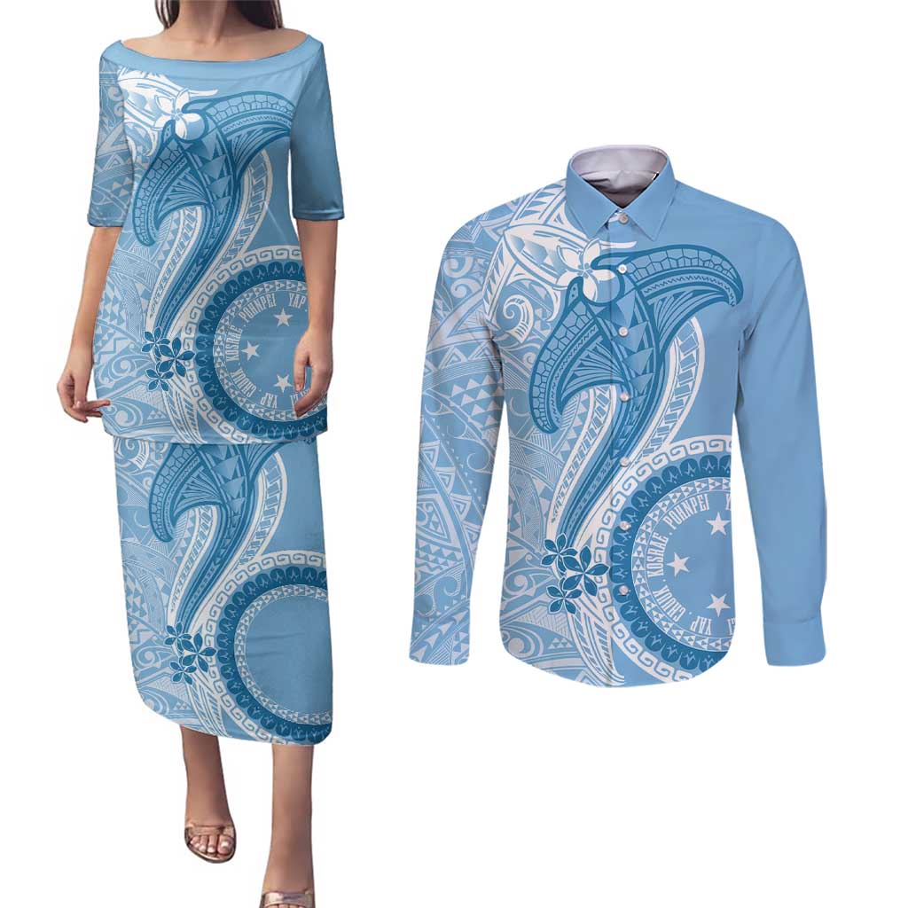 Micronesia FSM Couples Matching Puletasi and Long Sleeve Button Shirt Shark and Manta Classic Style LT7 Turquoise - Polynesian Pride