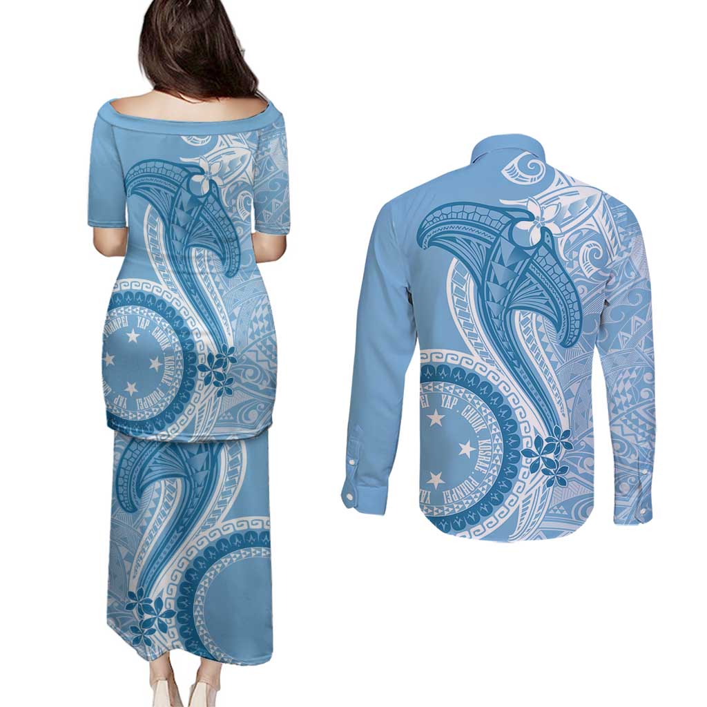 Micronesia FSM Couples Matching Puletasi and Long Sleeve Button Shirt Shark and Manta Classic Style LT7 - Polynesian Pride