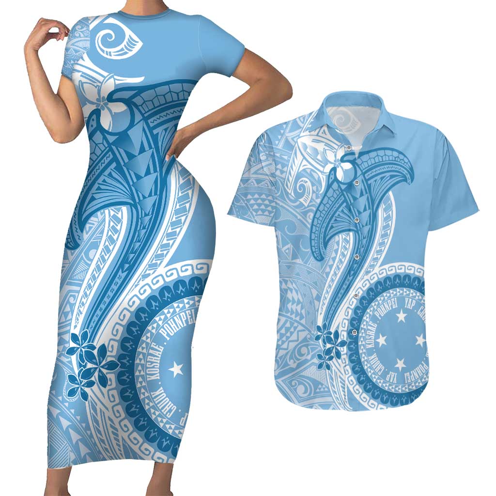 Micronesia FSM Couples Matching Short Sleeve Bodycon Dress and Hawaiian Shirt Shark and Manta Classic Style LT7 Turquoise - Polynesian Pride