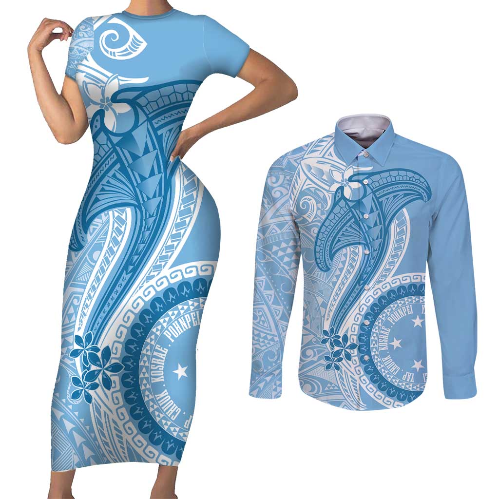 Micronesia FSM Couples Matching Short Sleeve Bodycon Dress and Long Sleeve Button Shirt Shark and Manta Classic Style LT7 Turquoise - Polynesian Pride