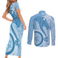 Micronesia FSM Couples Matching Short Sleeve Bodycon Dress and Long Sleeve Button Shirt Shark and Manta Classic Style LT7 - Polynesian Pride