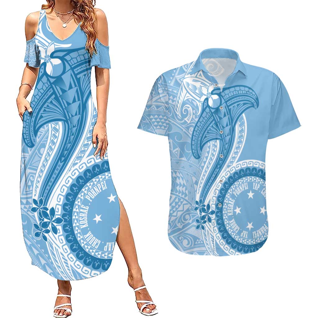 Micronesia FSM Couples Matching Summer Maxi Dress and Hawaiian Shirt Shark and Manta Classic Style LT7 Turquoise - Polynesian Pride