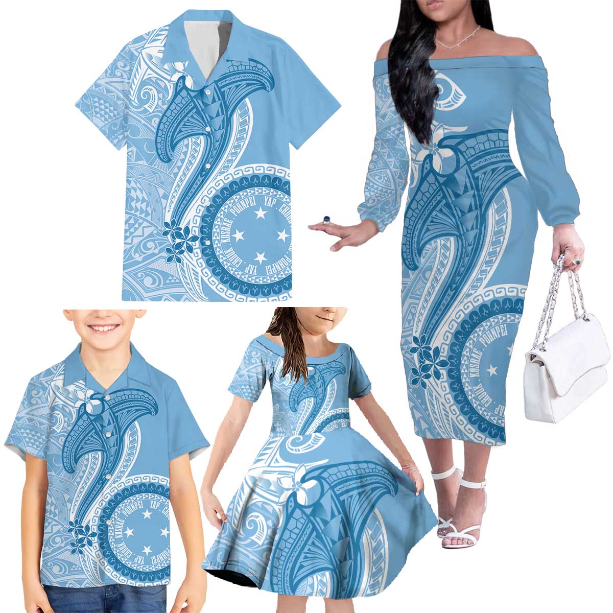 Micronesia FSM Family Matching Off The Shoulder Long Sleeve Dress and Hawaiian Shirt Shark and Manta Classic Style LT7 - Polynesian Pride