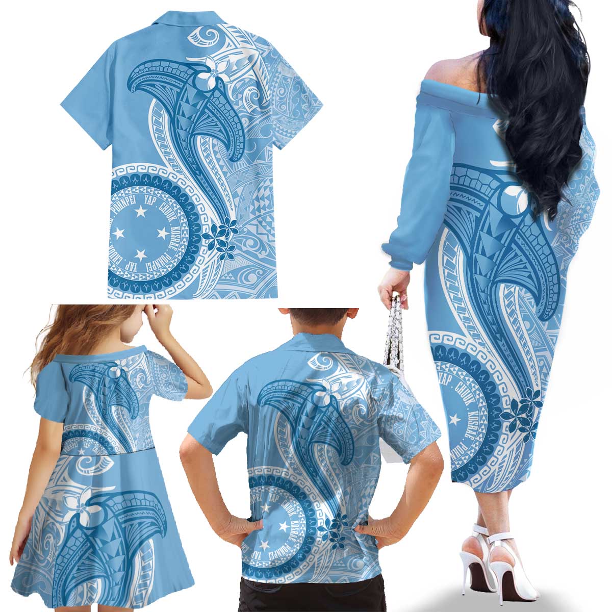 Micronesia FSM Family Matching Off The Shoulder Long Sleeve Dress and Hawaiian Shirt Shark and Manta Classic Style LT7 - Polynesian Pride