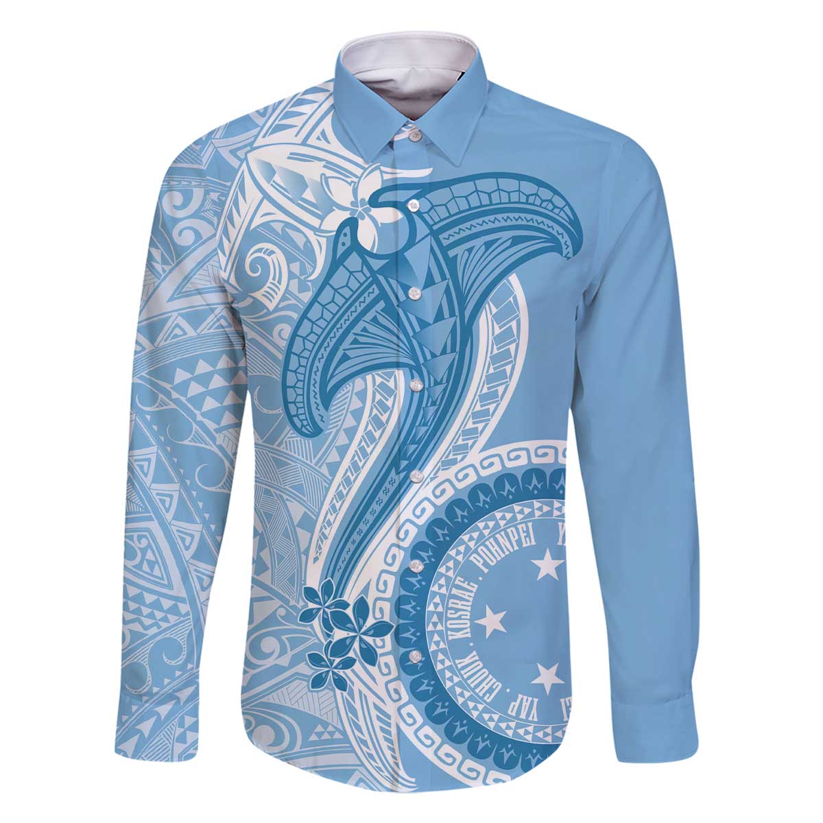 Micronesia FSM Family Matching Off The Shoulder Long Sleeve Dress and Hawaiian Shirt Shark and Manta Classic Style LT7 Dad's Shirt - Long Sleeve Turquoise - Polynesian Pride