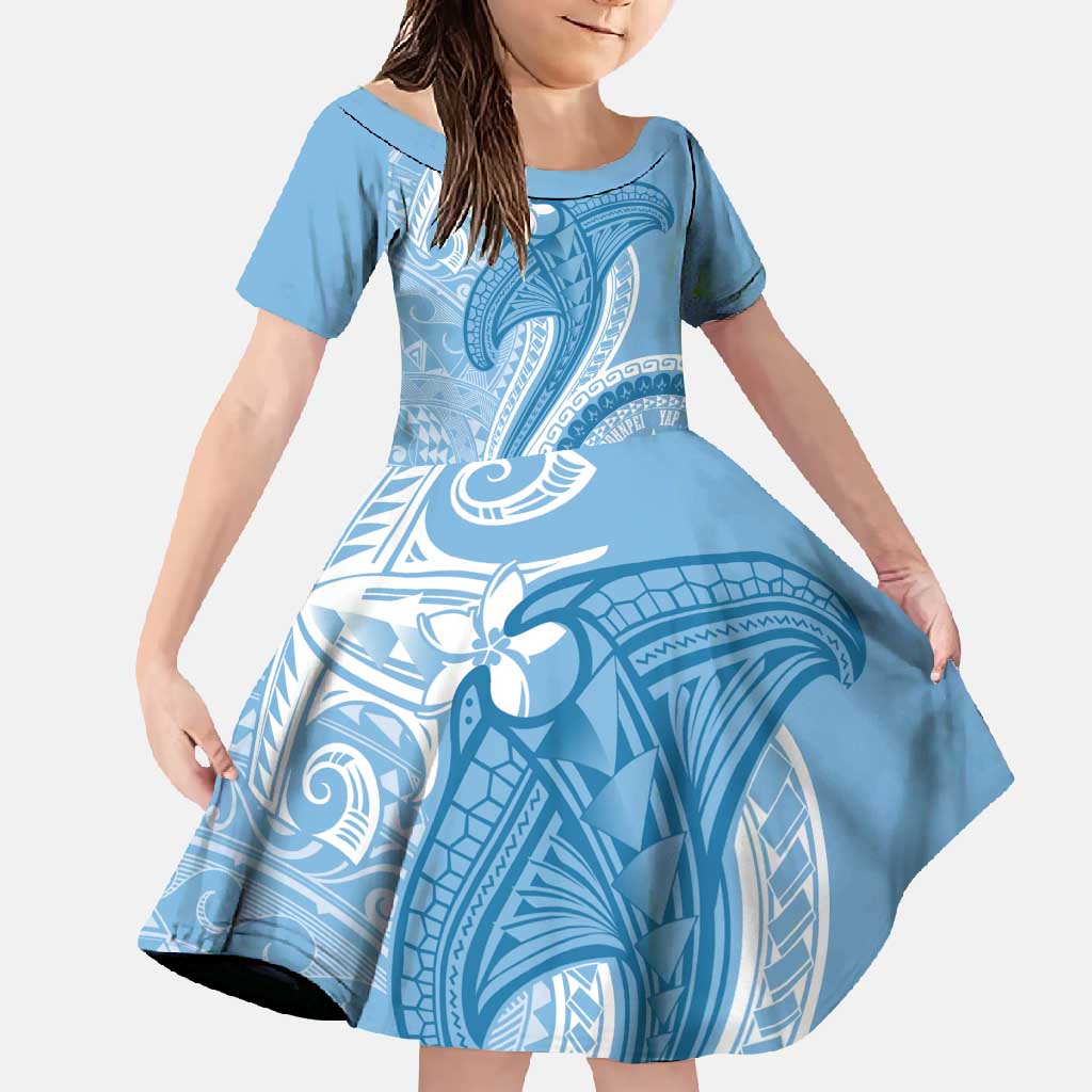 Micronesia FSM Family Matching Off Shoulder Maxi Dress and Hawaiian Shirt Shark and Manta Classic Style LT7 Daughter's Dress Turquoise - Polynesian Pride