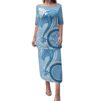 Micronesia FSM Family Matching Puletasi and Hawaiian Shirt Shark and Manta Classic Style LT7 Mom's Dress Turquoise - Polynesian Pride