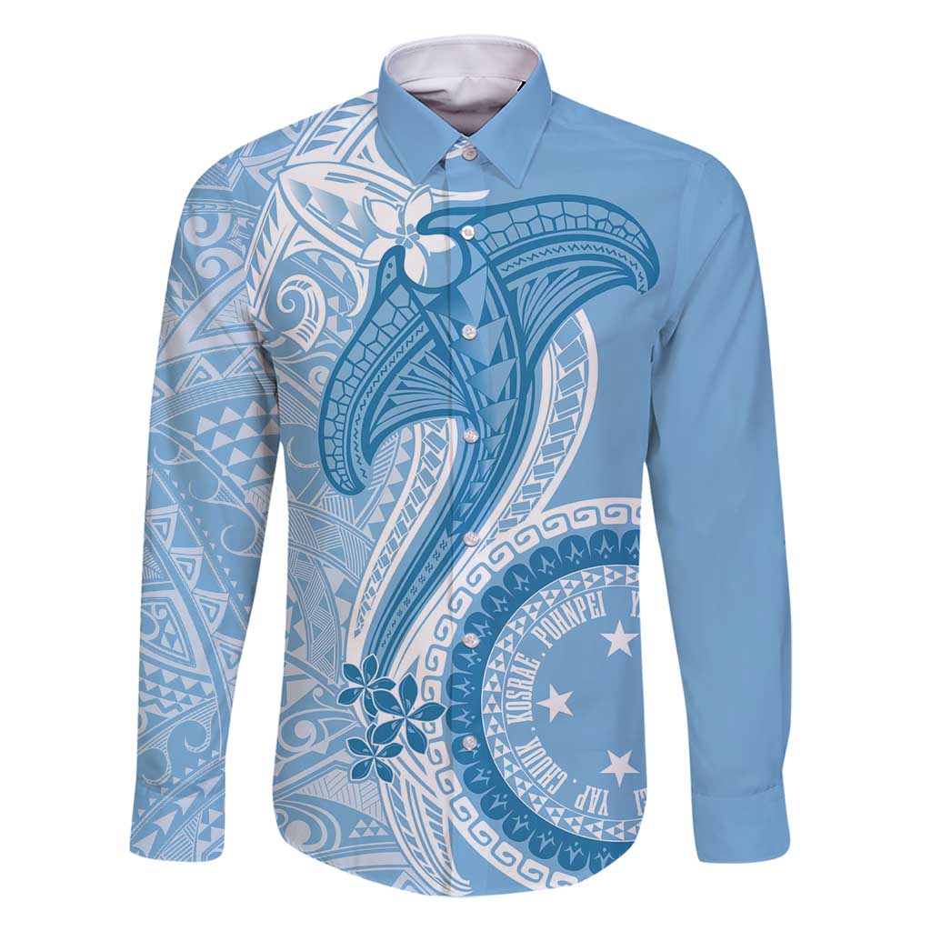 Micronesia FSM Family Matching Summer Maxi Dress and Hawaiian Shirt Shark and Manta Classic Style LT7 Dad's Shirt - Long Sleeve Turquoise - Polynesian Pride