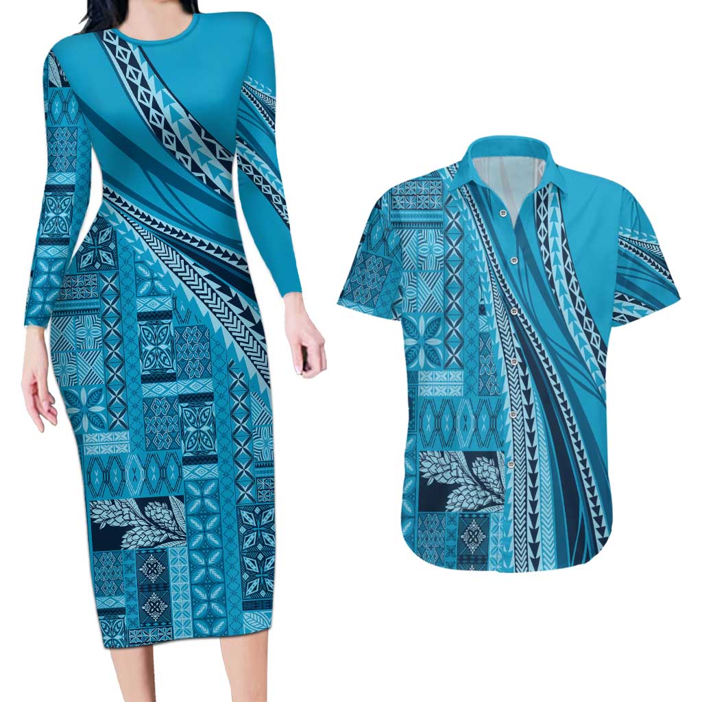 Pasifika Women's Day - Samoa Siapo Malu Tattoo Inspired Couples Matching Long Sleeve Bodycon Dress and Hawaiian Shirt Turquoise