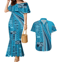 Pasifika Women's Day - Samoa Siapo Malu Tattoo Inspired Couples Matching Mermaid Dress and Hawaiian Shirt Turquoise LT7 Turquoise - Polynesian Pride