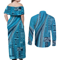Pasifika Women's Day - Samoa Siapo Malu Tattoo Inspired Couples Matching Off Shoulder Maxi Dress and Long Sleeve Button Shirt Turquoise LT7 - Polynesian Pride