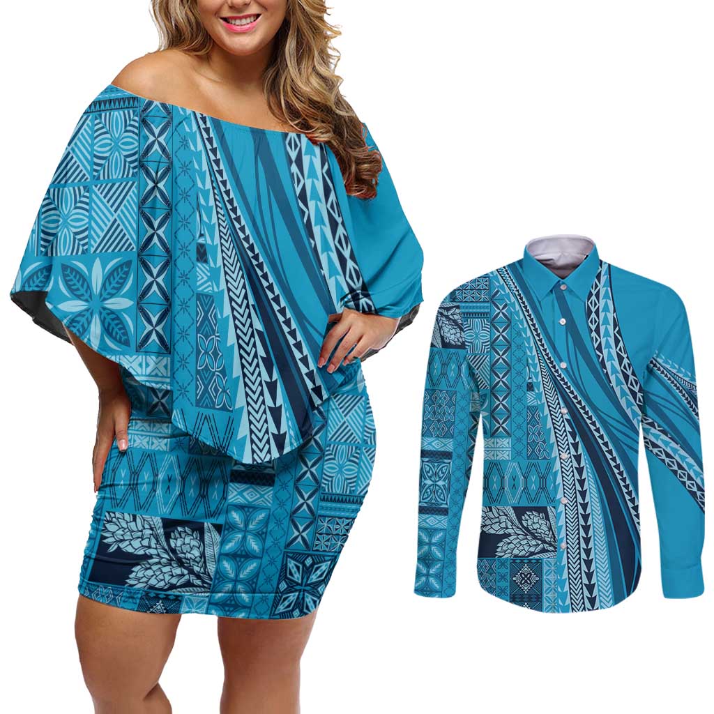 Pasifika Women's Day - Samoa Siapo Malu Tattoo Inspired Couples Matching Off Shoulder Short Dress and Long Sleeve Button Shirt Turquoise LT7 Turquoise - Polynesian Pride