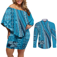 Pasifika Women's Day - Samoa Siapo Malu Tattoo Inspired Couples Matching Off Shoulder Short Dress and Long Sleeve Button Shirt Turquoise LT7 Turquoise - Polynesian Pride