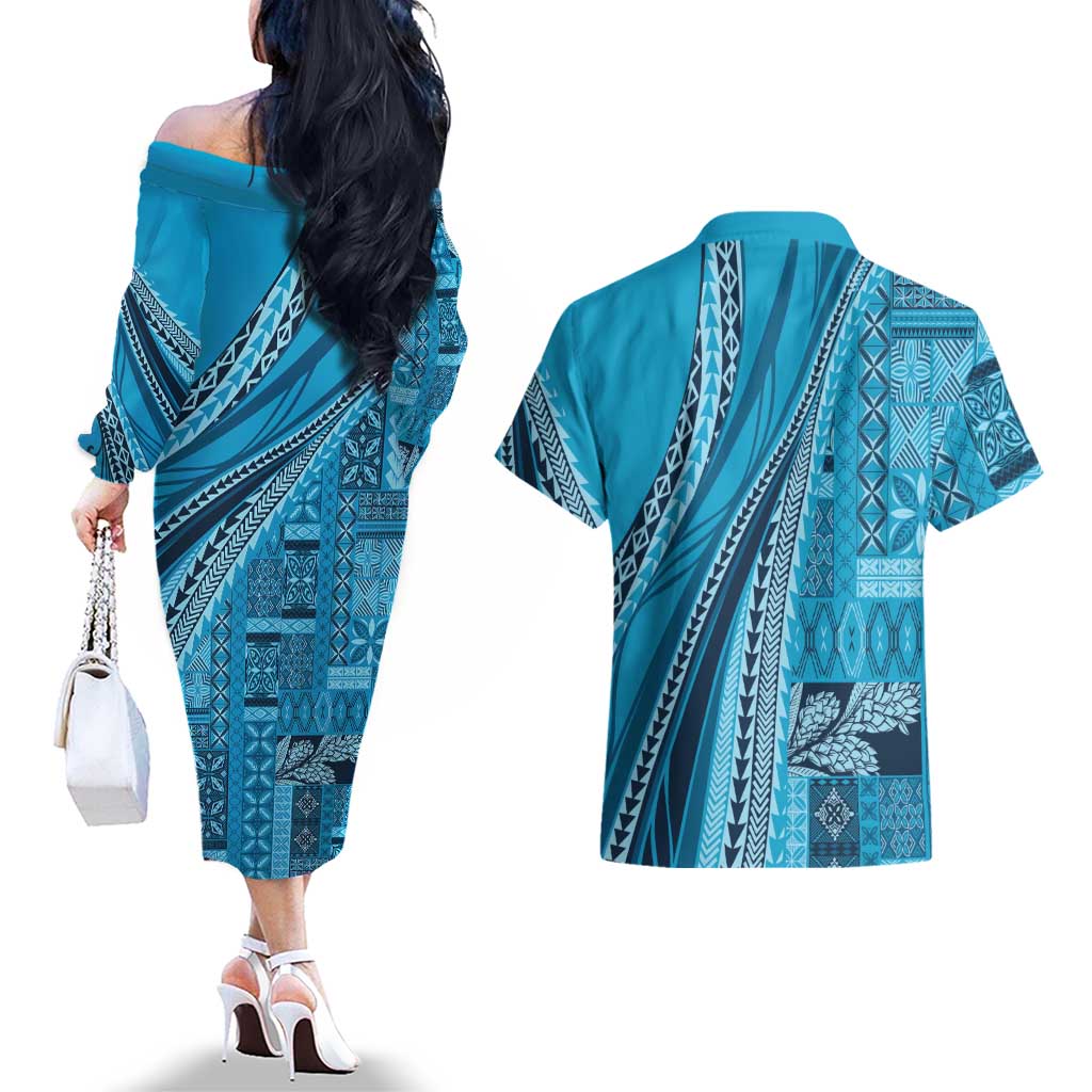 Pasifika Women's Day - Samoa Siapo Malu Tattoo Inspired Couples Matching Off The Shoulder Long Sleeve Dress and Hawaiian Shirt Turquoise LT7 - Polynesian Pride