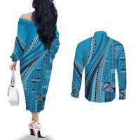 Pasifika Women's Day - Samoa Siapo Malu Tattoo Inspired Couples Matching Off The Shoulder Long Sleeve Dress and Long Sleeve Button Shirt Turquoise LT7 - Polynesian Pride