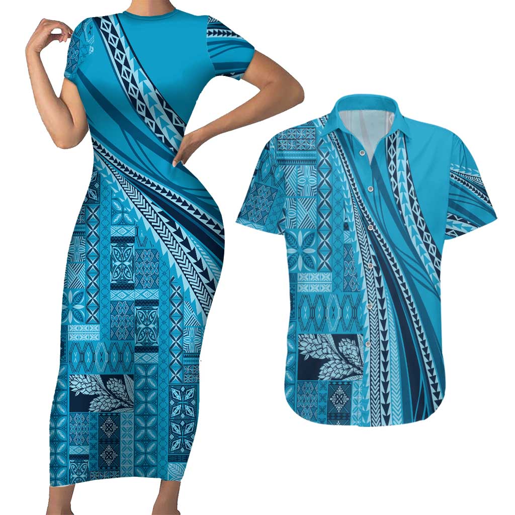 Pasifika Women's Day - Samoa Siapo Malu Tattoo Inspired Couples Matching Short Sleeve Bodycon Dress and Hawaiian Shirt Turquoise LT7 Turquoise - Polynesian Pride