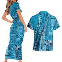 Pasifika Women's Day - Samoa Siapo Malu Tattoo Inspired Couples Matching Short Sleeve Bodycon Dress and Hawaiian Shirt Turquoise LT7 - Polynesian Pride