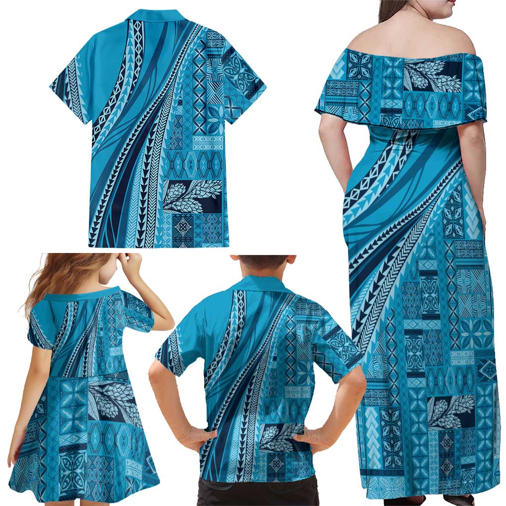 Pasifika Women's Day - Samoa Siapo Malu Tattoo Inspired Family Matching Off Shoulder Maxi Dress and Hawaiian Shirt Turquoise LT7 - Polynesian Pride