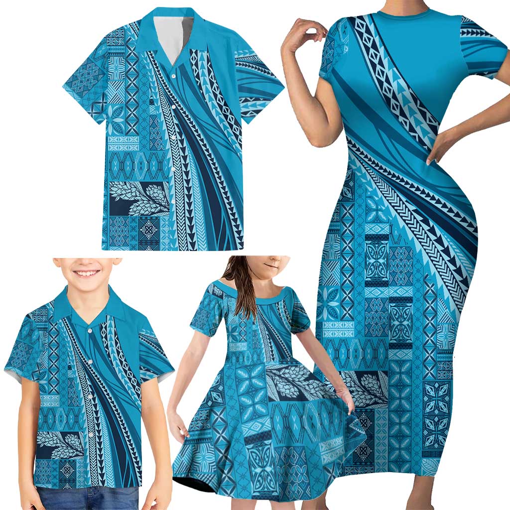 Pasifika Women's Day - Samoa Siapo Malu Tattoo Inspired Family Matching Short Sleeve Bodycon Dress and Hawaiian Shirt Turquoise LT7 - Polynesian Pride