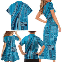 Pasifika Women's Day - Samoa Siapo Malu Tattoo Inspired Family Matching Short Sleeve Bodycon Dress and Hawaiian Shirt Turquoise LT7 - Polynesian Pride