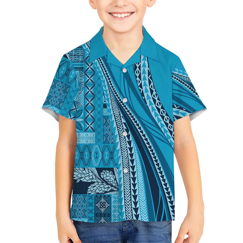 Pasifika Women's Day - Samoa Siapo Malu Tattoo Inspired Family Matching Summer Maxi Dress and Hawaiian Shirt Turquoise LT7 Son's Shirt Turquoise - Polynesian Pride