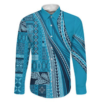 Pasifika Women's Day - Samoa Siapo Malu Tattoo Inspired Family Matching Tank Maxi Dress and Hawaiian Shirt Turquoise LT7 Dad's Shirt - Long Sleeve Turquoise - Polynesian Pride