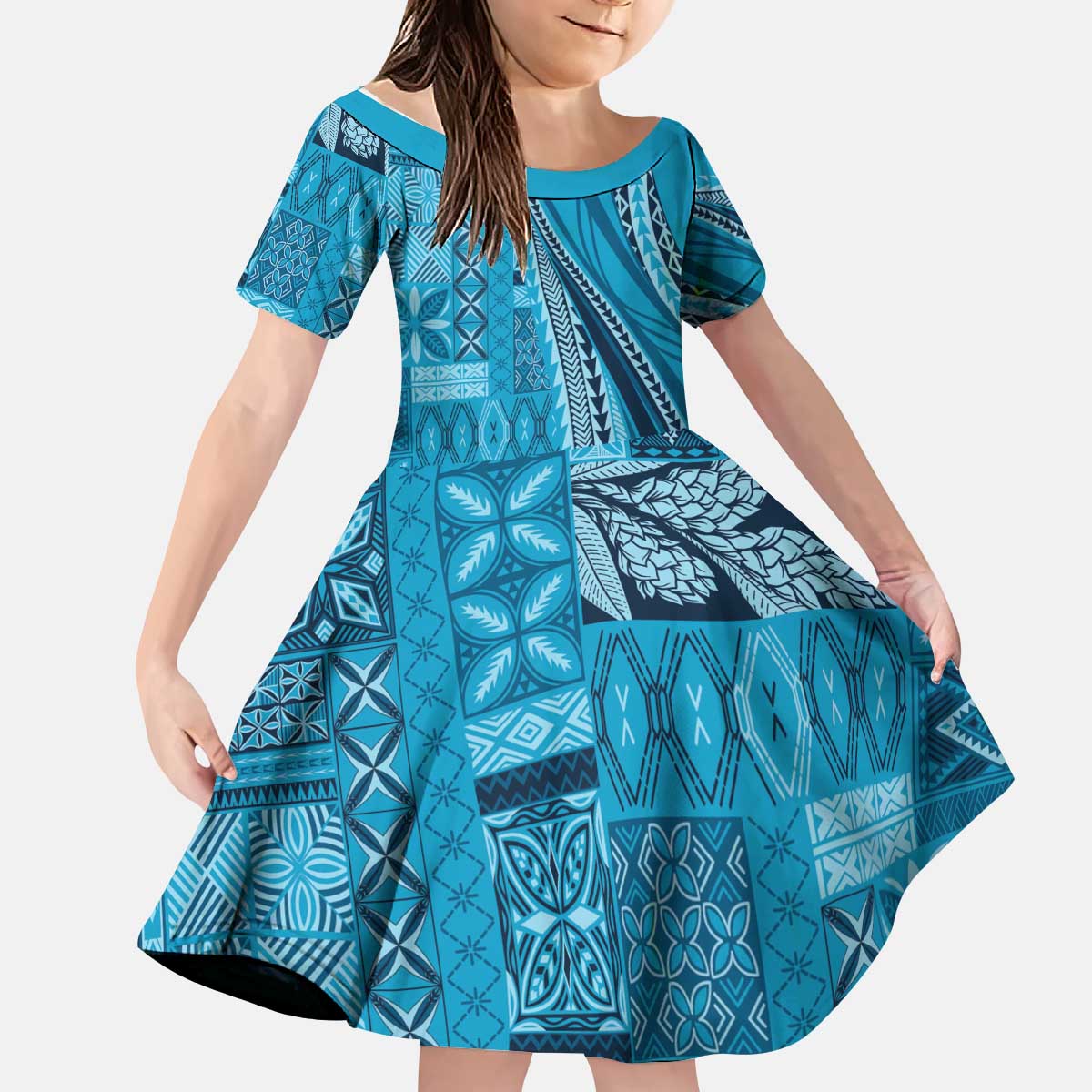 Pasifika Women's Day - Samoa Siapo Malu Tattoo Inspired Kid Short Sleeve Dress Turquoise LT7 KID Turquoise - Polynesian Pride