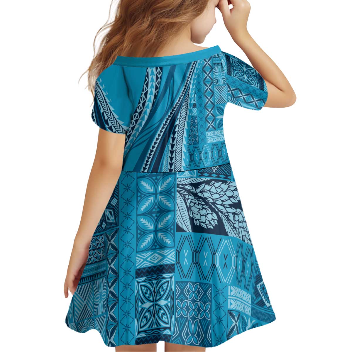 Pasifika Women's Day - Samoa Siapo Malu Tattoo Inspired Kid Short Sleeve Dress Turquoise LT7 - Polynesian Pride