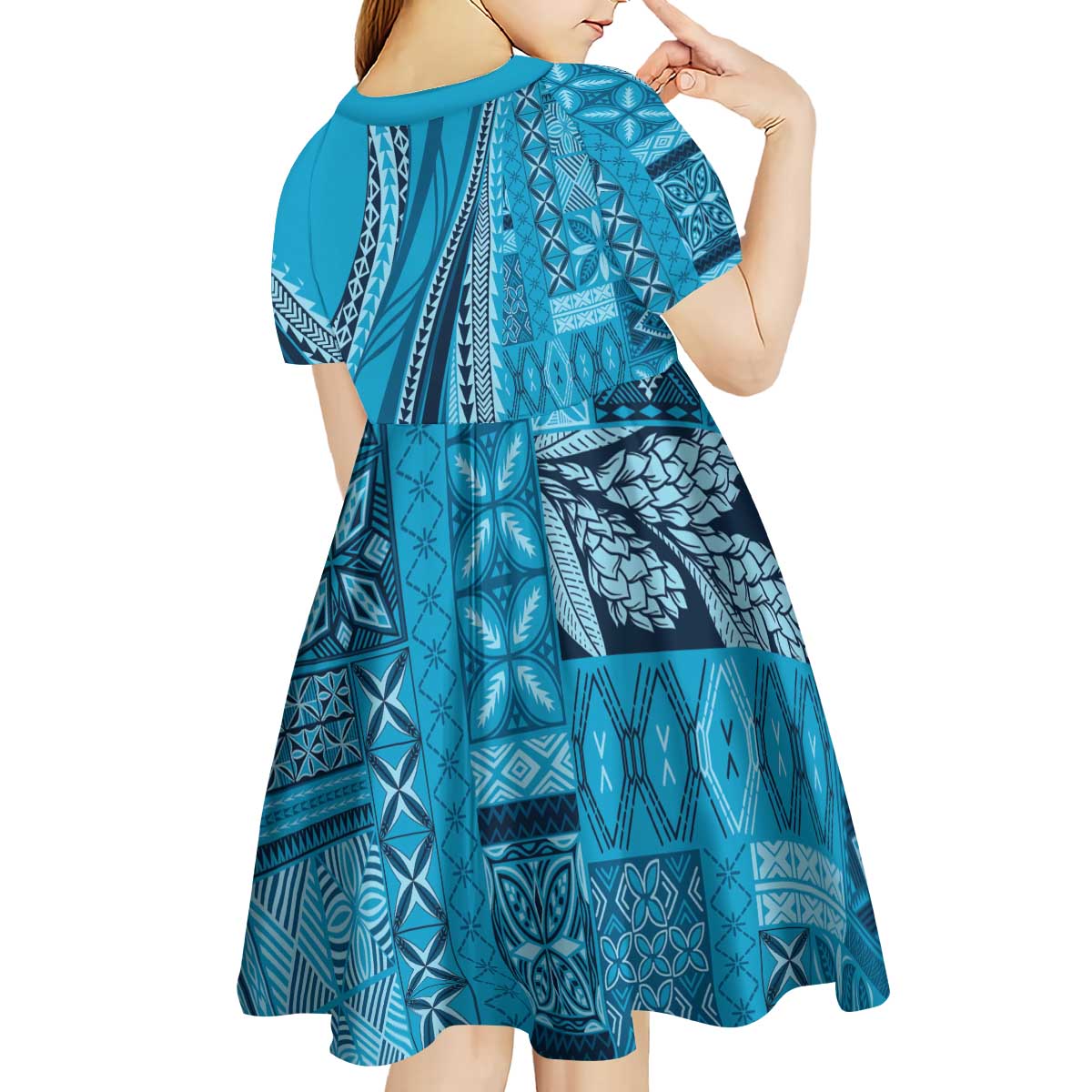 Pasifika Women's Day - Samoa Siapo Malu Tattoo Inspired Kid Short Sleeve Dress Turquoise LT7 - Polynesian Pride