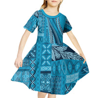 Pasifika Women's Day - Samoa Siapo Malu Tattoo Inspired Kid Short Sleeve Dress Turquoise LT7 - Polynesian Pride