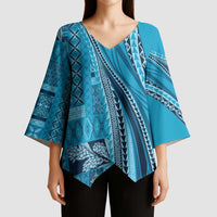 Pasifika Women's Day - Samoa Siapo Malu Tattoo Inspired Kimono Sleeve Blouse Turquoise