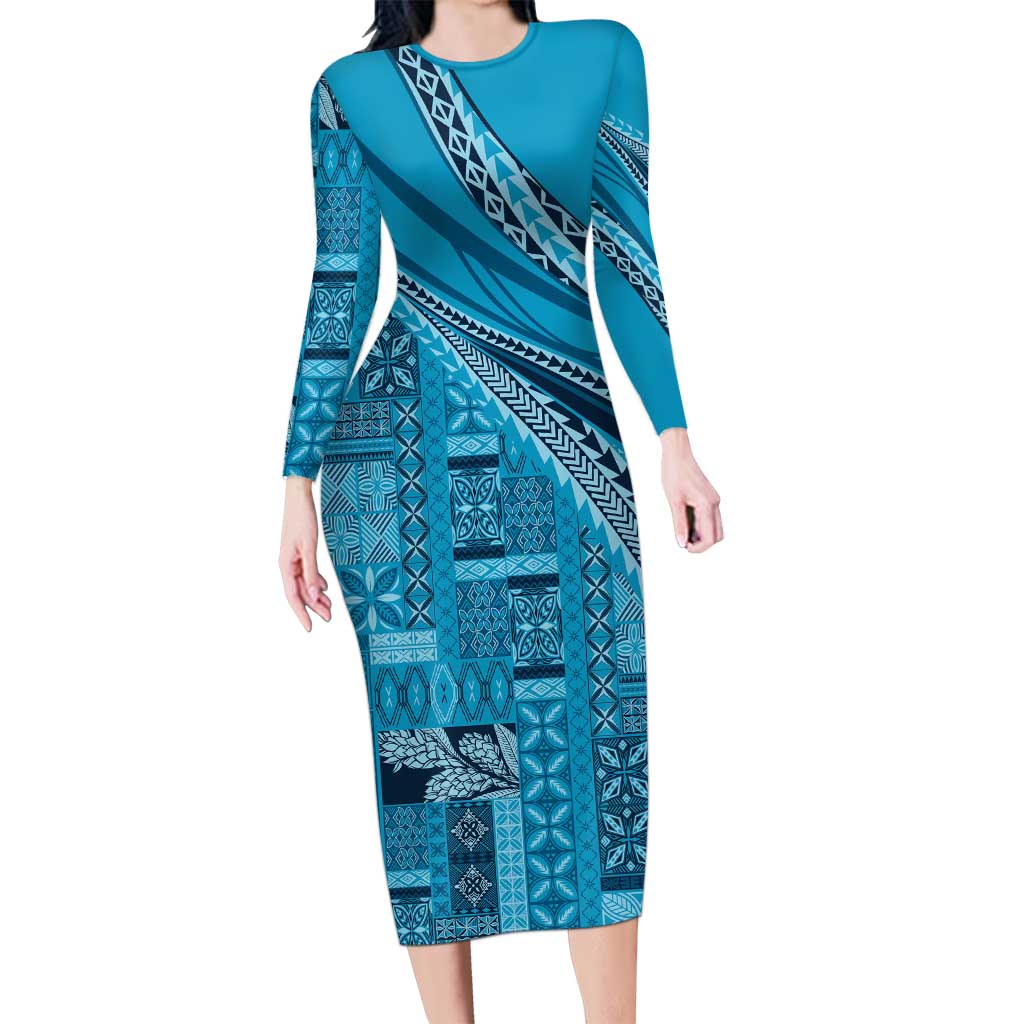Pasifika Women's Day - Samoa Siapo Malu Tattoo Inspired Long Sleeve Bodycon Dress Turquoise