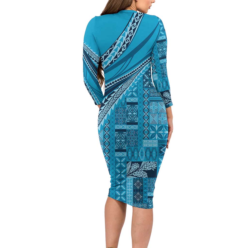 Pasifika Women's Day - Samoa Siapo Malu Tattoo Inspired Long Sleeve Bodycon Dress Turquoise
