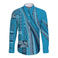 Pasifika Women's Day - Samoa Siapo Malu Tattoo Inspired Long Sleeve Button Shirt Turquoise