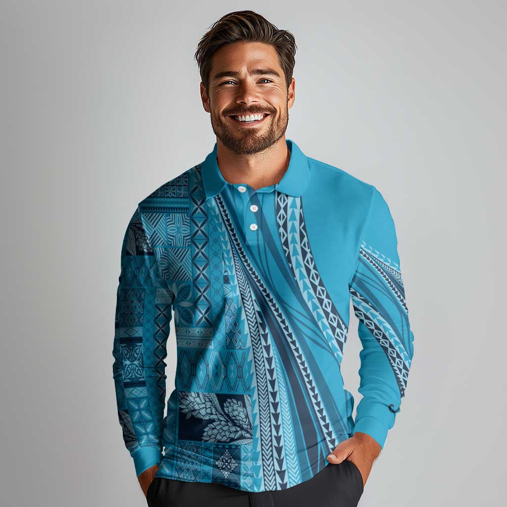 Pasifika Women's Day - Samoa Siapo Malu Tattoo Inspired Long Sleeve Polo Shirt Turquoise