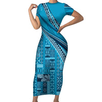 Pasifika Women's Day - Samoa Siapo Malu Tattoo Inspired Short Sleeve Bodycon Dress Turquoise LT7 Long Dress Turquoise - Polynesian Pride