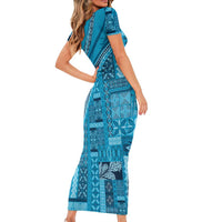 Pasifika Women's Day - Samoa Siapo Malu Tattoo Inspired Short Sleeve Bodycon Dress Turquoise LT7 - Polynesian Pride